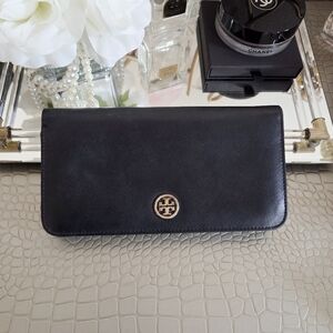 Tory Burch Black Leather Continental Wallet with Gold Logo